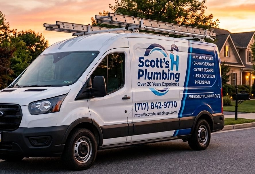 Scott's H Plumbing service van parked outside a York, PA home at sunset, marked with the (717) 842-9770 emergency plumbing number